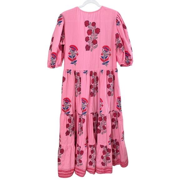 Oliphant Tuckernuck Boca Pink Puff Sleeve Maxi Midi Cotton Block Print Dress - Picture 11 of 16